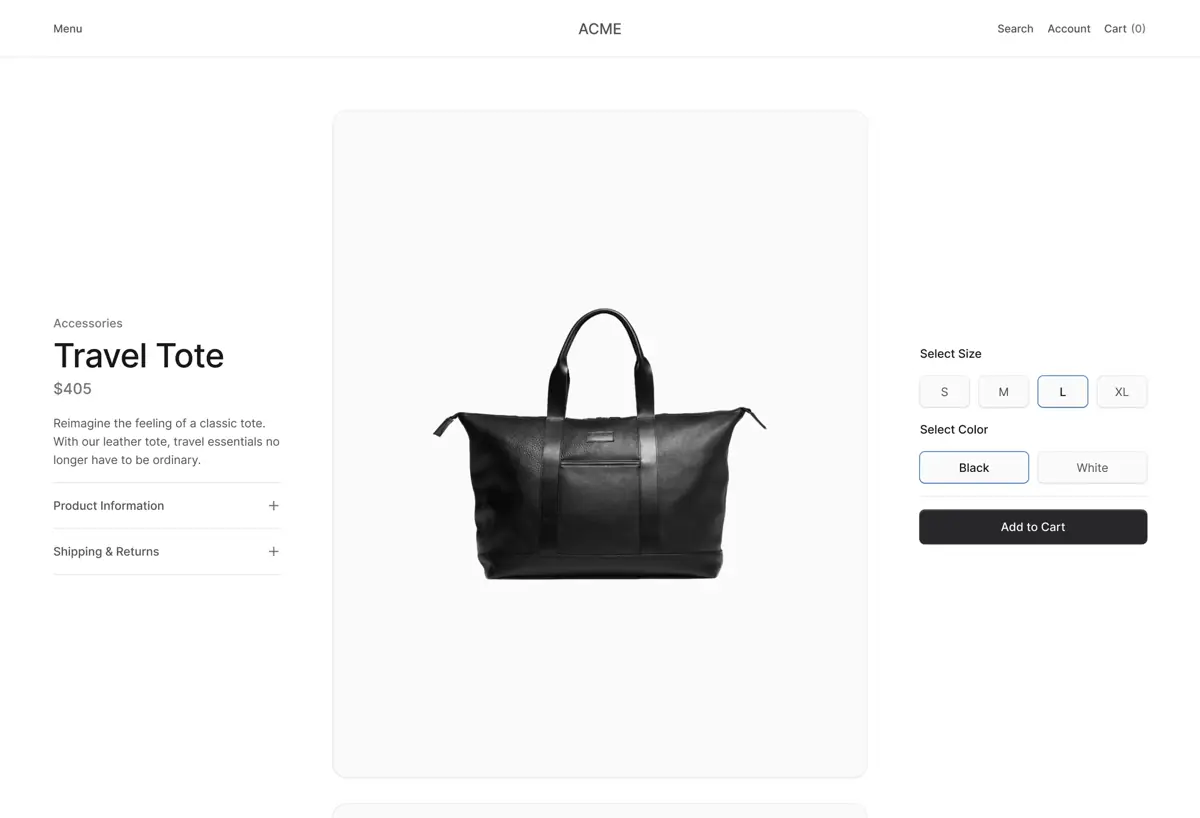 ACME example product page with price, product options, and add to cart